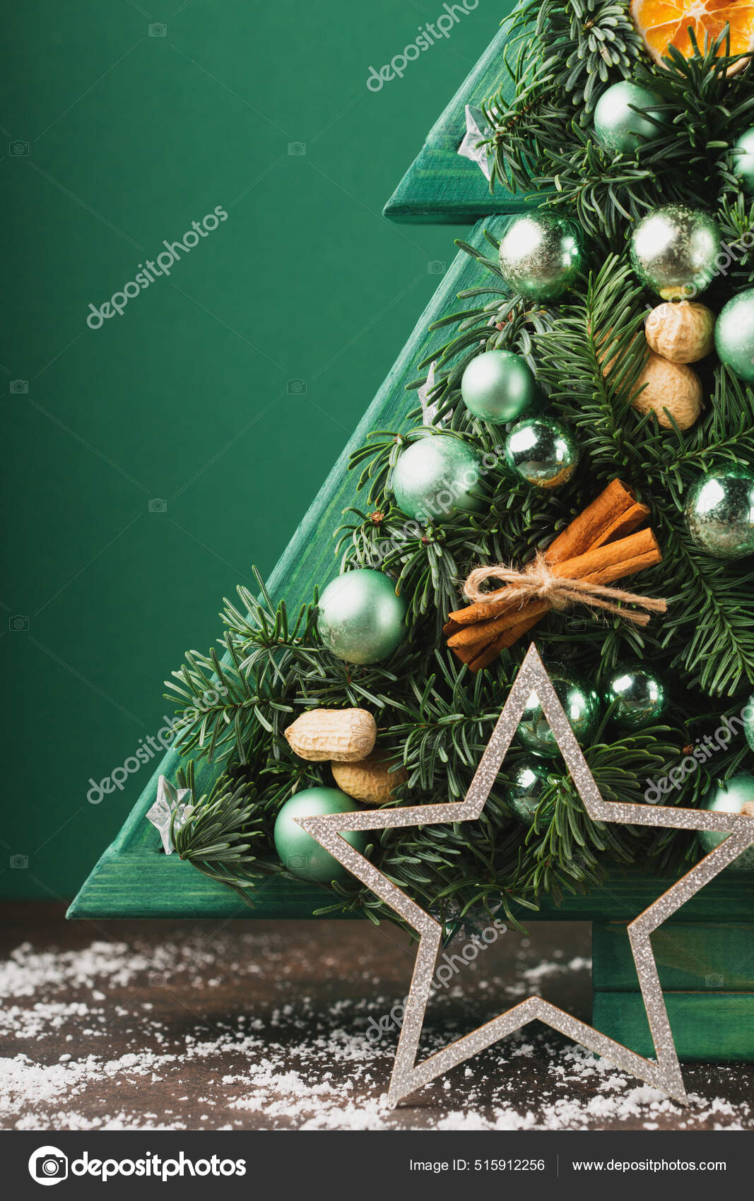 Stylish Vintage Wooden Christmas Tree Lights Silver Decorations Dried  Oranges Stock Photo by ©Iuliia 515912256
